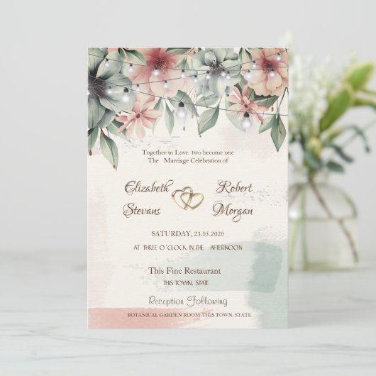 String Lights, Brush Stroke, Blumenzehen Einladung (Stehend Vorderseite)