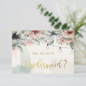 String Lights, Brush Stroke, Floral Bridesmaid Car Einladung (Stehend Vorderseite)