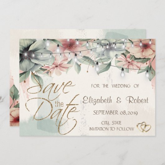 String Lights, Brush Stroke, floral Save the Date (Vorne/Hinten)
