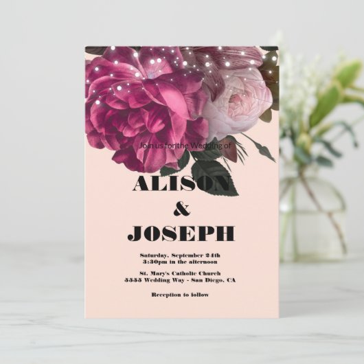 String Lights Burgundy Blume Einladung Hochzeit (Stehend Vorderseite)