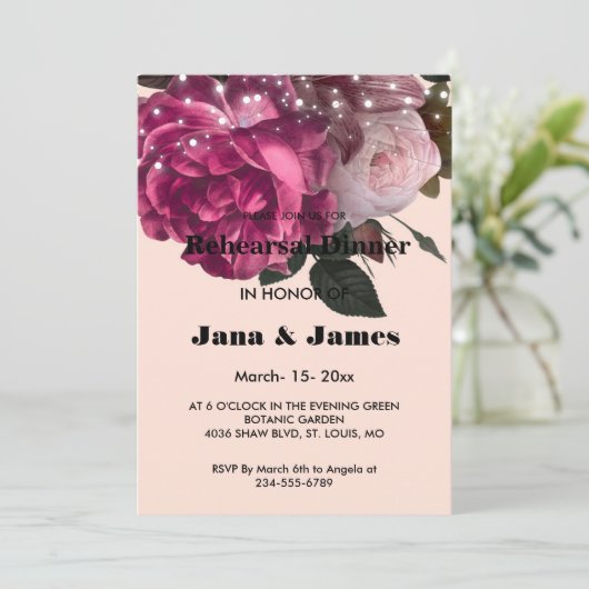 String Lights Burgundy Blume Probe Dinner Einladung (Stehend Vorderseite)