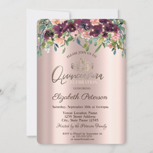 String Lights Burgundy Blume Rose Quinceañera Einladung (Vorderseite)