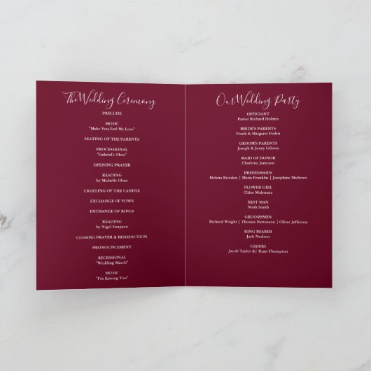 String Lights Burgundy Elegante Script Wedding Programm (Innenseite)