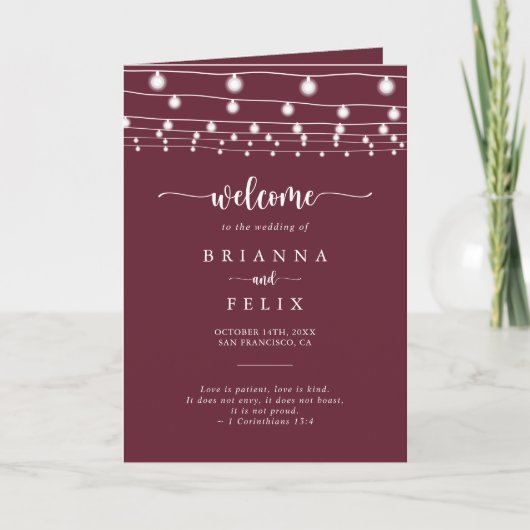 String Lights Burgundy Folded Wedding Programm (Vorderseite)