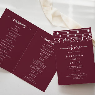 String Lights Burgundy Folded Wedding Programm