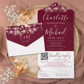 String Lights Burgundy Script QR Code Wedding All In One Einladung
