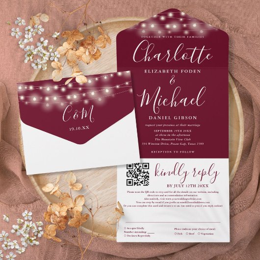 String Lights Burgundy Script QR Code Wedding All In One Einladung