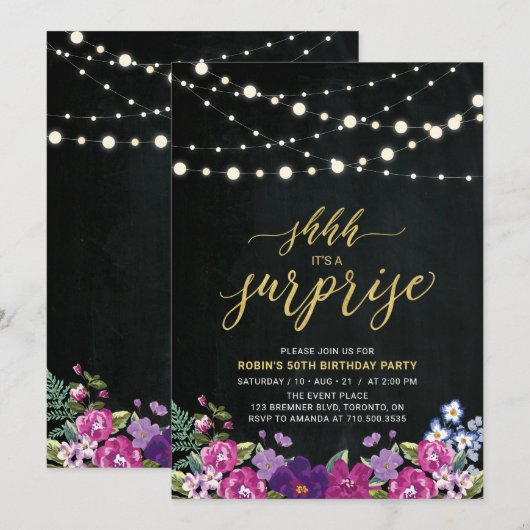 String Lights & Chalkboard Überraschung Geburtstag Einladung (Vorne/Hinten)