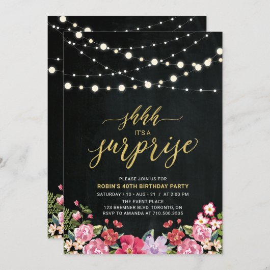 String Lights & Chalkboard Überraschung Geburtstag Einladung (Vorne/Hinten)