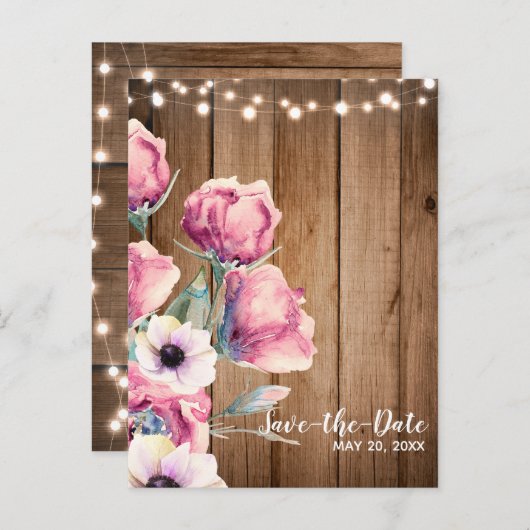 String Lights & Country Blume Save the Date Ankündigungspostkarte (Vorne/Hinten)