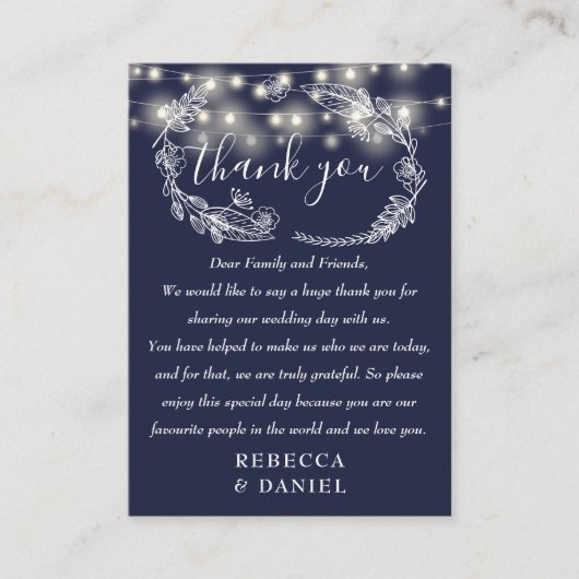 String Lights Danke Navy Blue Wedding Platzkarte (Vorderseite)