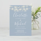 String Lights Dusty Blue Elegant Script Wedding Einladung (Stehend Vorderseite)