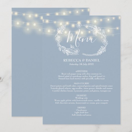 String Lights Dusty Blue Floral Wedding Menükarte (Vorne/Hinten)