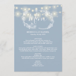 String Lights Dusty Blue Floral Wedding Menükarte