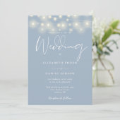 String Lights Dusty Blue QR Code Wedding Einladung (Stehend Vorderseite)