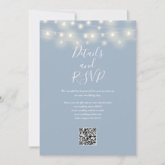 String Lights Dusty Blue QR Code Wedding Einladung (Rückseite)