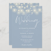 String Lights Dusty Blue QR Code Wedding Einladung (Vorne/Hinten)