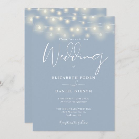String Lights Dusty Blue QR Code Wedding Einladung (Vorne/Hinten)