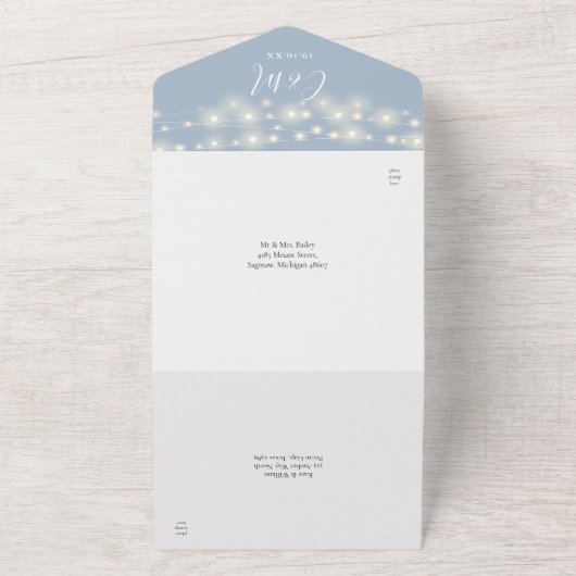 String Lights Dusty Blue Script QR Code Wedding All In One Einladung (Außenbereich)
