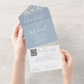 String Lights Dusty Blue Script QR Code Wedding All In One Einladung (Abreißen)