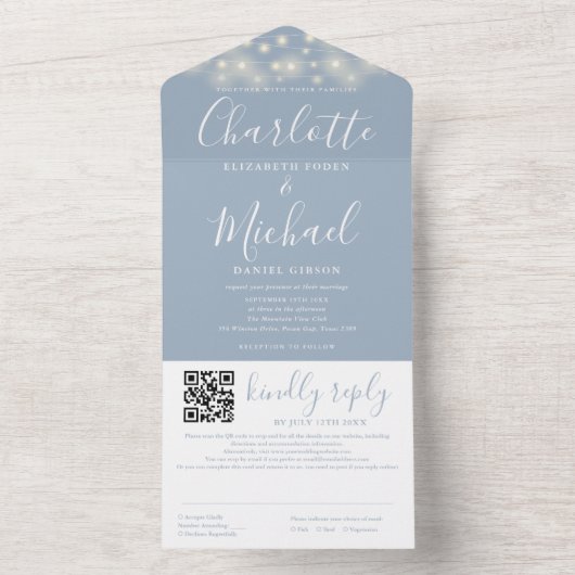 String Lights Dusty Blue Script QR Code Wedding All In One Einladung (Innen Boden)
