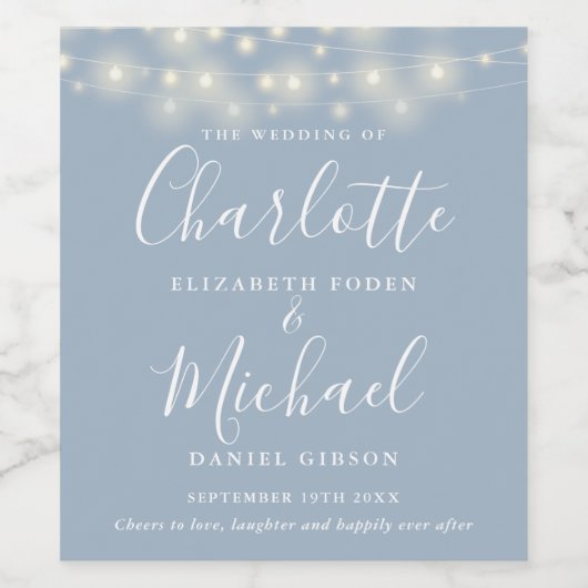 String Lights Dusty Blue Signature Script Hochzeit Weinetikett (Einzelnes Label)