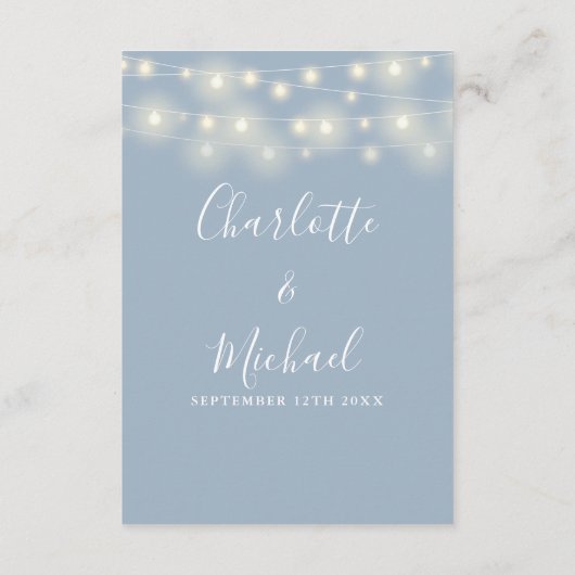 String Lights Dusty Blue Wedding Details Begleitkarte (Rückseite)