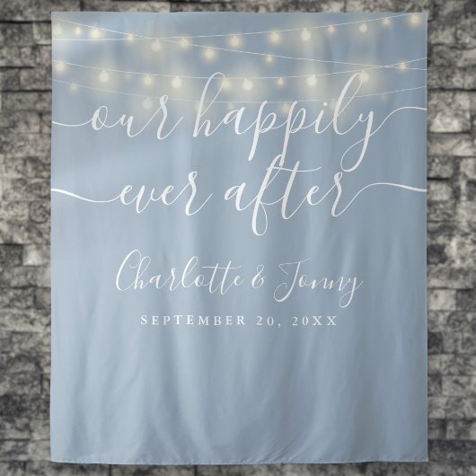 String Lights Dusty Blue Wedding Foto Background Wandteppich