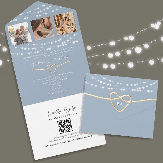 String Lights Dusty Blue Wedding QR Code All In One Einladung