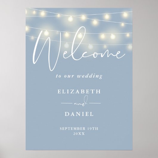 String Lights Dusty Blue Wedding Welcome Sign Poster (Vorne)