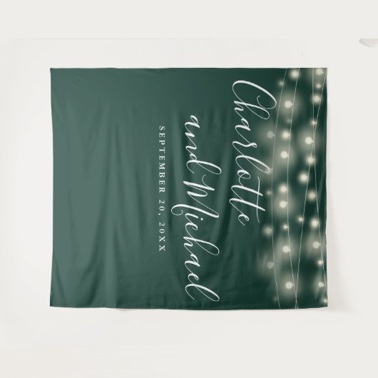 String Lights Emerald Green Wedding Foto Backgroun Wandteppich (Vorderseite (Horizontal))