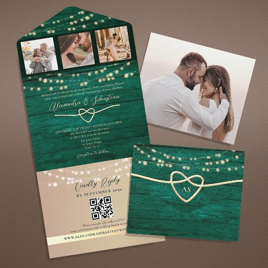 String Lights Emerald Green Wedding QR Code All In One Einladung
