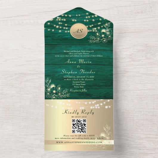 String Lights Emerald Green Wedding QR Code All In One Einladung (Innen Boden)