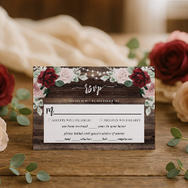 String Lights Eucalyptus & Burgundy Rustic Wedding RSVP Karte