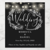 String Lights Floral Black And White Wedding Weinetikett (Einzelnes Label)