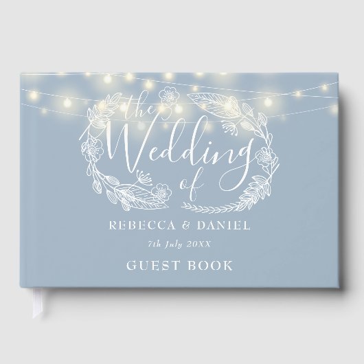 String Lights Floral Dusty Blue Wedding Gästebuch (Vorderseite)