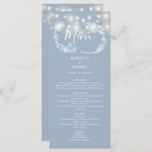 String Lights Floral Dusty Blue Wedding Menükarte (Vorne/Hinten)