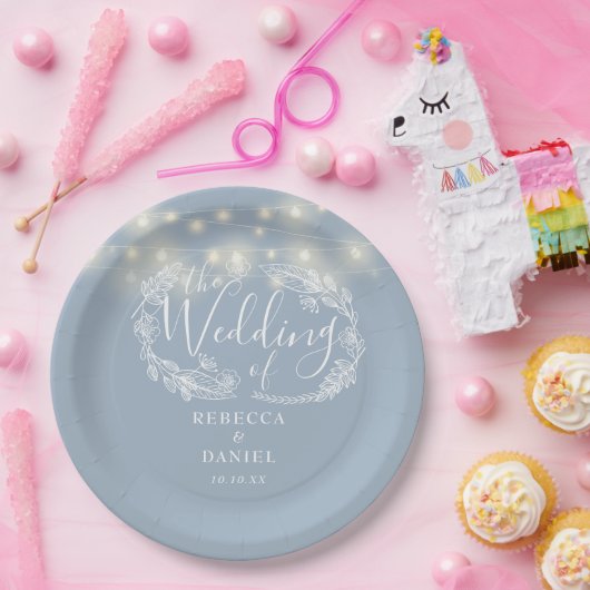 String Lights Floral Dusty Blue Wedding Pappteller (Party)