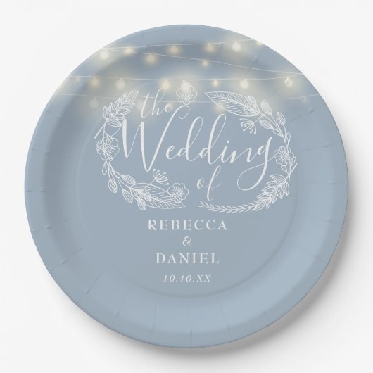 String Lights Floral Dusty Blue Wedding Pappteller (Vorderseite)