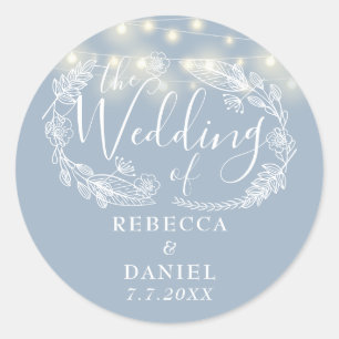 String Lights Floral Dusty Blue Wedding Runder Aufkleber