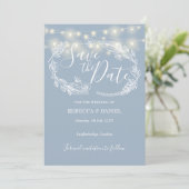 String Lights Floral Dusty Blue Wedding Save The Date (Stehend Vorderseite)