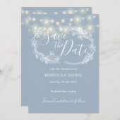 String Lights Floral Dusty Blue Wedding Save The Date (Vorne/Hinten)