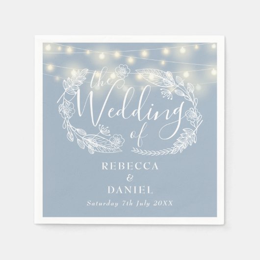 String Lights Floral Dusty Blue Wedding Serviette (Vorderseite)