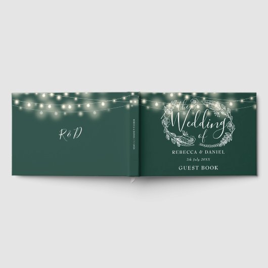 String Lights Floral Emerald Green Wedding Gästebuch (Voll)