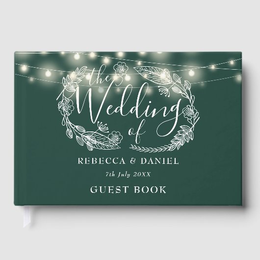 String Lights Floral Emerald Green Wedding Gästebuch (Vorderseite)