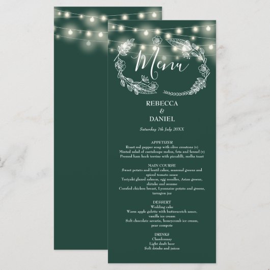 String Lights Floral Emerald Green Wedding Menükarte (Vorne/Hinten)