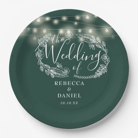 String Lights Floral Emerald Green Wedding Pappteller (Vorderseite)