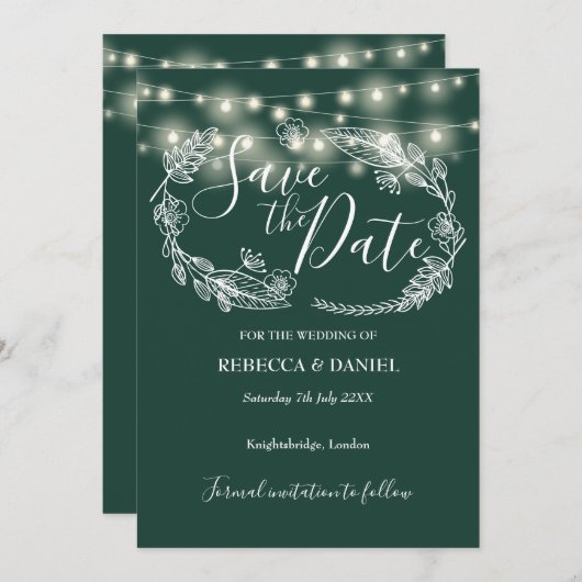 String Lights Floral Emerald Green Wedding Save The Date (Vorne/Hinten)