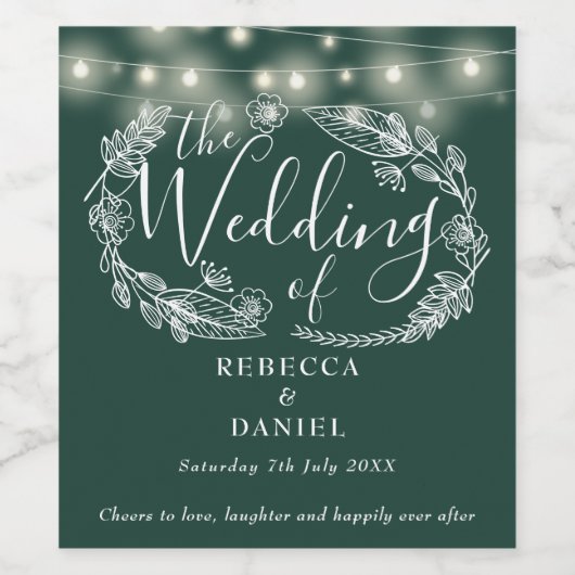 String Lights Floral Emerald Green Wedding Weinetikett (Einzelnes Label)