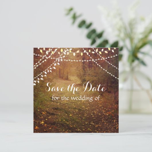 String Lights, Forest Path Save the Date Card (Stehend Vorderseite)